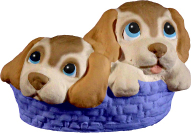 Two Pups in Basket Plaster Statue