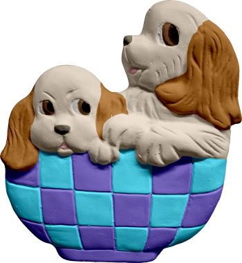 Two Pups in Basket Plaster Plaque