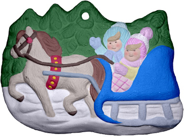 Kids on Sleigh Unpainted Plaster Christmas Tree Ornament