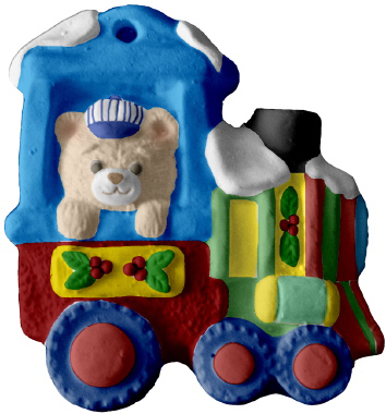 Bear on Train Unpainted Plaster Christmas Tree Ornament