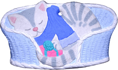 Sleeping Kitten in Basket Unpainted Plaster Christmas Tree Ornament
