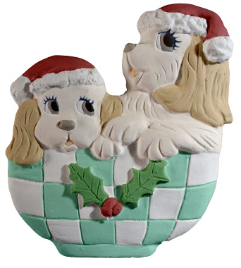 Two Pups in Basket Plaster Plaque