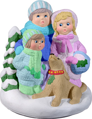 Caroling Family with Dog Plaster Statue