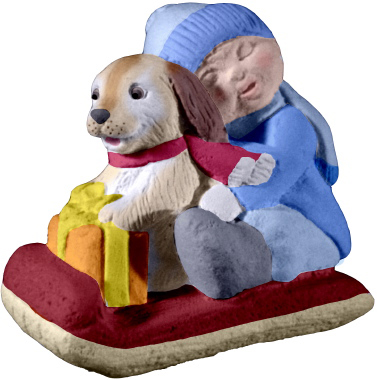 Village Child and Dog on Sled Plaster Statue