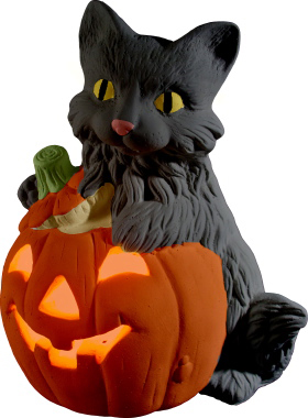 Fluffy Cat on Pumpkin Plaster Lightup Statue