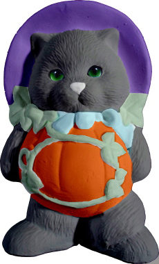 Kitten with Pumpkin Costume Standing Plaster Statue