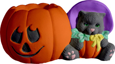 Kitten as Pumpkin with Jack O Lantern Plaster Statue