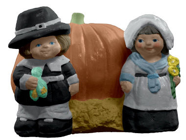 Pilgrims with Pumpkin Plaster Statue